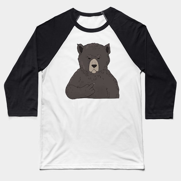 Grumpy Brown Bear Holding Middle Finger Baseball T-Shirt by Mesyo